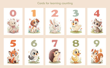 Cards with numbers for teaching children to count. Numbers and animals.