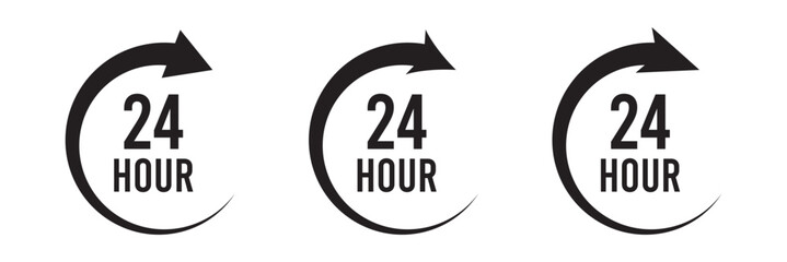 24 hour assistance icons. 24 hours 7 days in week support icons. 24 hour service icon. 24 hours icon. 24 hours order execution or delivery service icon. 24 hours icon flat style on a white background.
