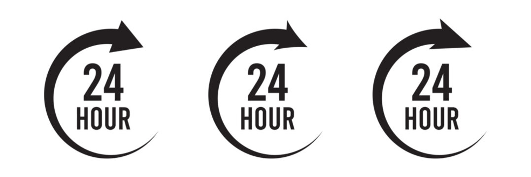 24 hour assistance icons. 24 hours 7 days in week support icons. 24 hour service icon. 24 hours icon. 24 hours order execution or delivery service icon. 24 hours icon flat style on a white background.