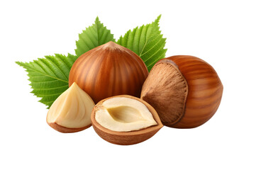 Hazelnuts with Green Leaves Close Up on Transparent Background