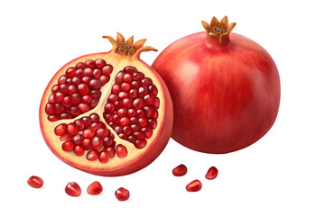 Fresh Pomegranate Fruit Whole and Half on Transparent Background