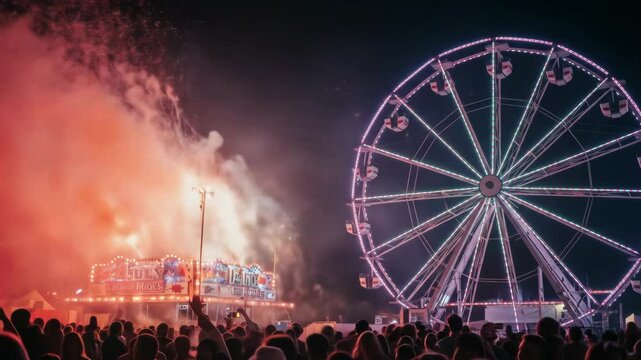Fireworks over an amusement park Ferris wheel at night