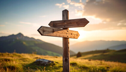 Old wooden signpost with 2 arrows against natural background. Pointer showing direction.
