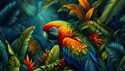Fototapeta premium Macaw bird and tropical forest