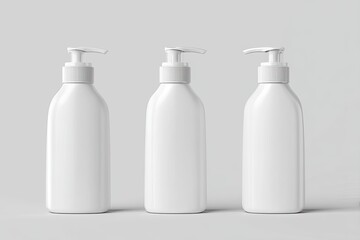 Three white plastic pump bottles, minimalist and modern design.  Empty containers for product display