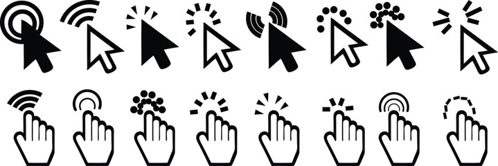 Pointer click icon. Clicking cursor, pointing hand clicks and waiting loading icons. Website arrows or hands cursors tools, computer interface button. Vector isolated symbols collection
