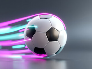 Naklejka premium Soccer ball with neon light trails in motion on gray background, showing dynamic energy and speed in modern sports concept
