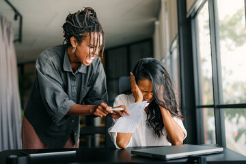 Boss shouting at frustrated worker, bullying and emotional abuse at work. Stressful work environment