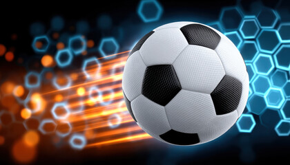 Naklejka premium Soccer ball with black and white panels flying fast with glowing orange and blue hexagonal light trails in dark background