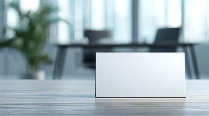 Blank employee nameplate on modern desk in office setting with large windows and natural light