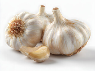 Obraz premium Fresh raw garlic bulbs and a single clove isolated on a clean white background, a healthy cooking ingredient.
