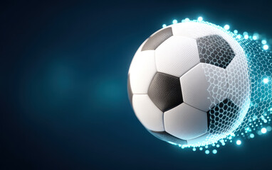 Naklejka premium Glowing digital soccer ball midflight with hexagonal light pattern on dark blue background, showing dynamic motion and energy