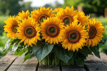 Golden sunflowers shining in morning field high resolution picture