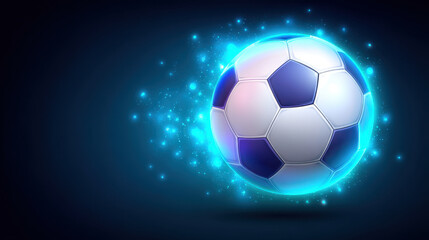 Naklejka premium Neon light football glowing with blue spark effects on dark background, creating dynamic and energetic sports concept