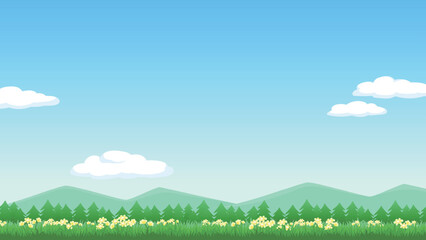 Fototapeta premium Spring Meadow Landscape Background. Scenic cartoon landscape with green meadows, pine trees, yellow flowers, and blue skies with fluffy clouds.16X9