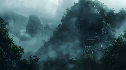 Fototapeta premium Mist Shrouded Mountainside: A dramatic, moody shot of a dense, forested mountainside shrouded in mist, evokes an air of mystery and serenity. The rugged terrain.