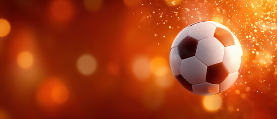 Fototapeta premium Soccer ball glowing with bright orange light and sparkles on blurred background, creating energetic and dynamic atmosphere