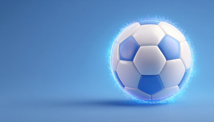 Fototapeta premium Glowing blue and white soccer ball with ambient light on blue background, creating vibrant and energetic sports theme