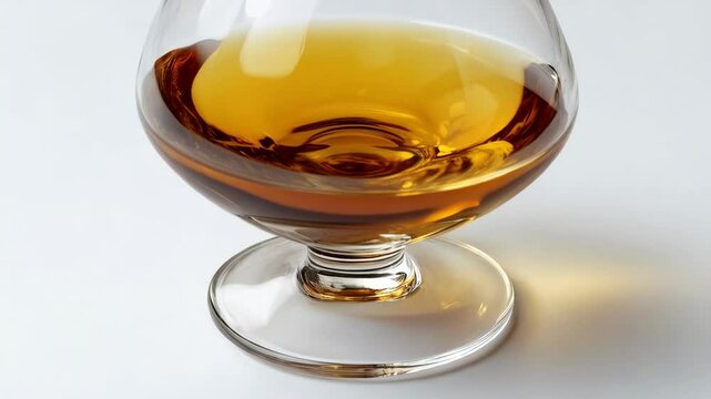 Elegant snifter glass filled with golden amber liquor resting on a plain white surface; close-up showcasing liquid texture and glass reflections