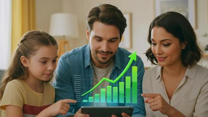 Family analyzing financial growth on a tablet while seated in a cozy living room with charts - Powered by Adobe