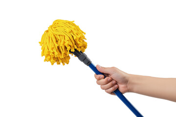 hand holding yellow mop isolated on white background