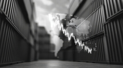 Digital world map with declining stock market graph overlay storage container setting
