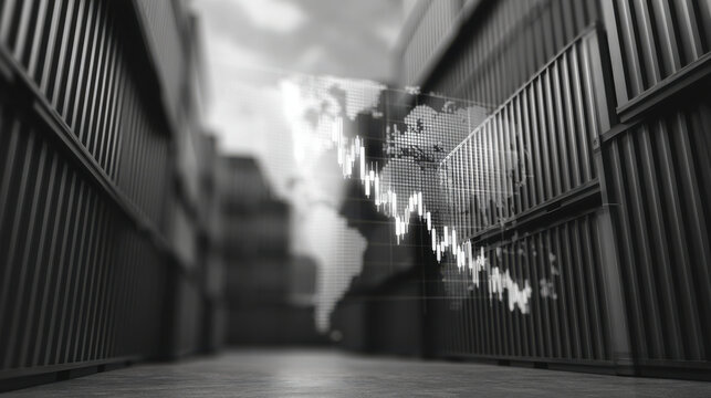 Digital world map with declining stock market graph overlay storage container setting