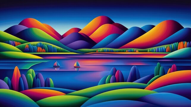 Vibrant sunset over a calm lake nestled between colorful rolling hills, two sailboats gently float