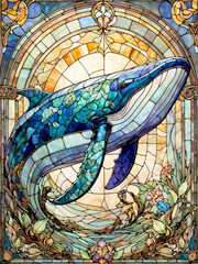 Dynamic Stained Glass Whale: A vibrant stained glass artwork depicting a breaching whale set against a radiant, ornamental background with intricate floral and geometric patterns.