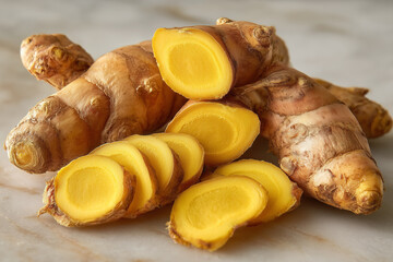 Fresh Turmeric Roots and Slices