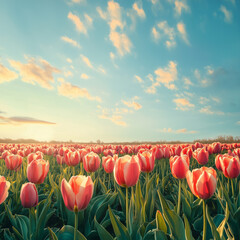 Beautiful tulips in a field, landscape with romantic sky. AI gen -