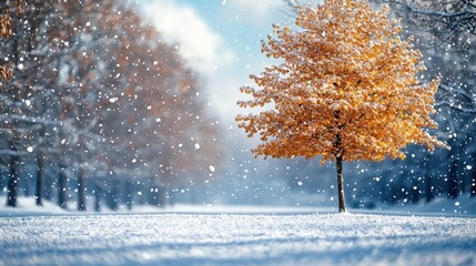 Bright Orange Tree Surrounded by Falling Snow in Winter Landscape