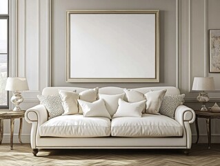 Elegant, cream-colored living room with a blank framed poster