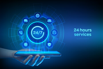 24 hours servises. 24-7 support. Technical support. Customer help. Tech support. Customer service, Business and technology concept. Smartphone in hand. Using smartphone. Vector illustration.