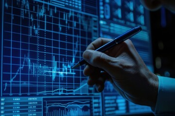 Hand using digital pen on holographic financial data screen. Technology and analysis concept.  
