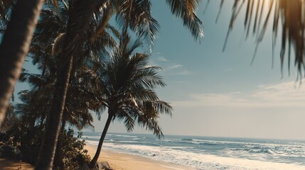 Sunny beach scene with palm trees under blue sky in cinematic style. Warm-toned, high-resolution view for ultra-realistic coastal atmosphere.