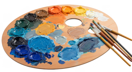 Artistic Wooden Palette With Colorful Paints And Paintbrushes Illustration