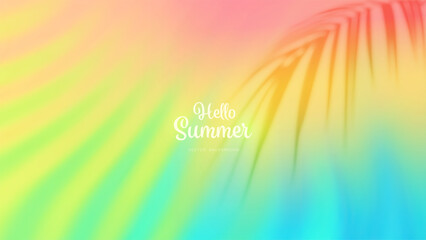 Summer gradient background with a palm leaf shadow. Tropical bright colorful summer colors. Green, blue, purple, orange, yellow. Great for covers, poster, banner. Vector illustration.