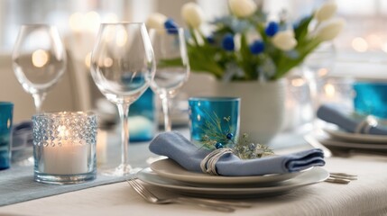 Fototapeta premium Elegant Table Setting With Tulips and Candlelight, Evoking Hospitality and Festive Celebration for a Special Occasion : Generative AI