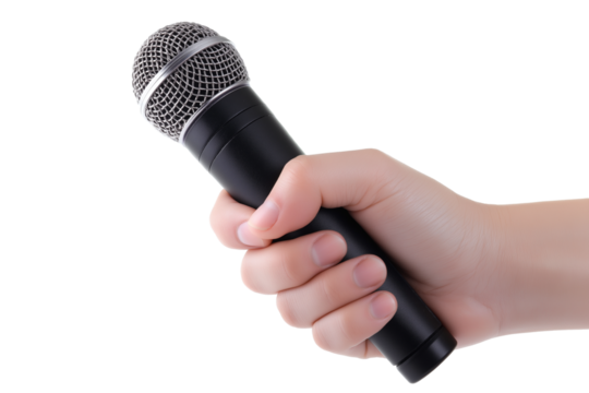 hand holding microphone isolated on white background