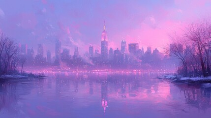 Serene Twilight Over City Skyline with Reflections in Water