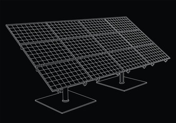 Solar panel outline vector illustration, white stroke black background. Wire-frame style. The layers of visible and invisible lines are separated. Renewable energy source concept. Editable. EPS 10