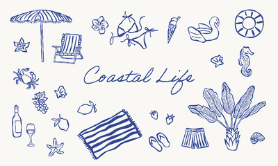 Coastal life summer elements line art set. Vector hand drawn illustration. All elements are isolated.
