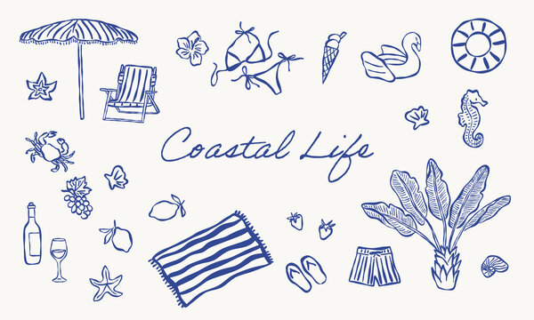 Coastal life summer elements line art set. Vector hand drawn illustration. All elements are isolated.