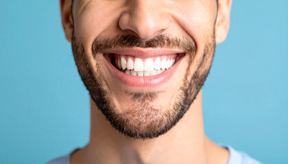Fototapeta premium Cropped photo of man mouth with perfect white bright smile and healthy teeth. Stomatology, dental