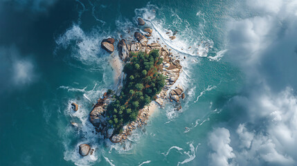 Aerial view of a small tropical island surrounded by turquoise waters. The island features lush green vegetation and rocky shores. Waves crash against the rocks.