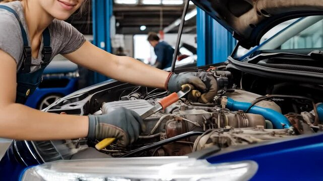 Smiling woman auto mechanic working on vehicle engine in garage, repair service and car maintenance, automotive occupation.