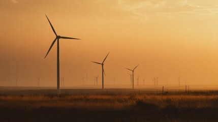 Wind Turbines in a Field at Sunset, Showcasing Renewable Energy and Environmental Stewardship for a Sustainable Future : Generative AI
