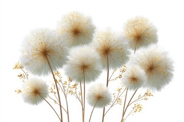 Obraz premium Dandelion seed heads close up view on white background