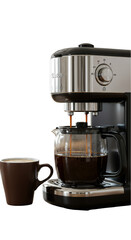 Coffee Brewing Machine With Brown Ceramic Cup And Glass Pot Photo